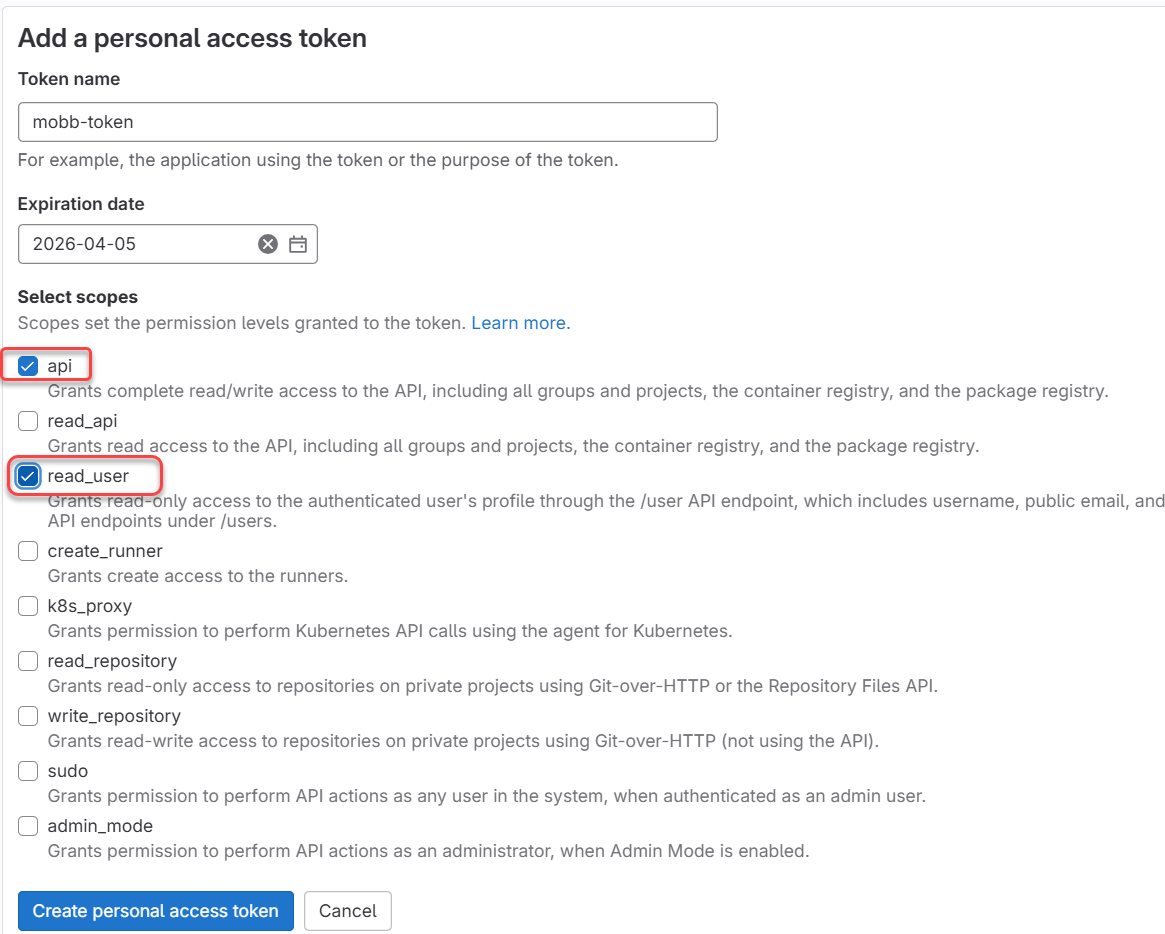 GitLab Personal Access Token scope selection