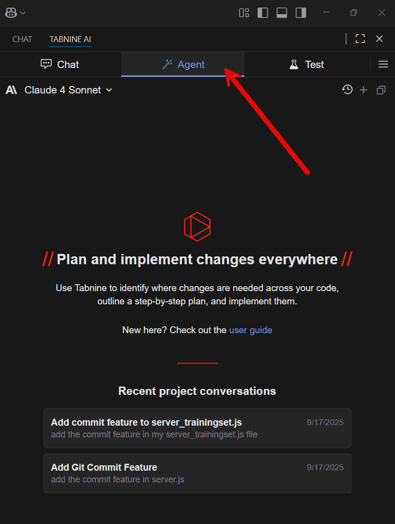 Here is an example showing Agent Mode available in the Tabnine plugin